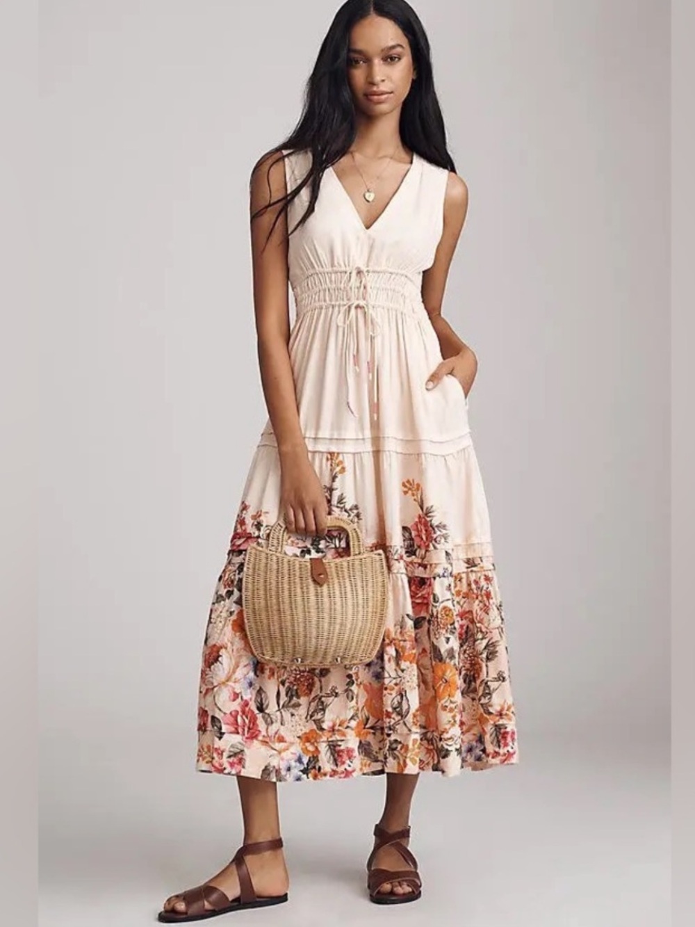 ANTHROPOLOGIE The Somerset Linen Sleeveless Maxi Dress Size Medium Floral